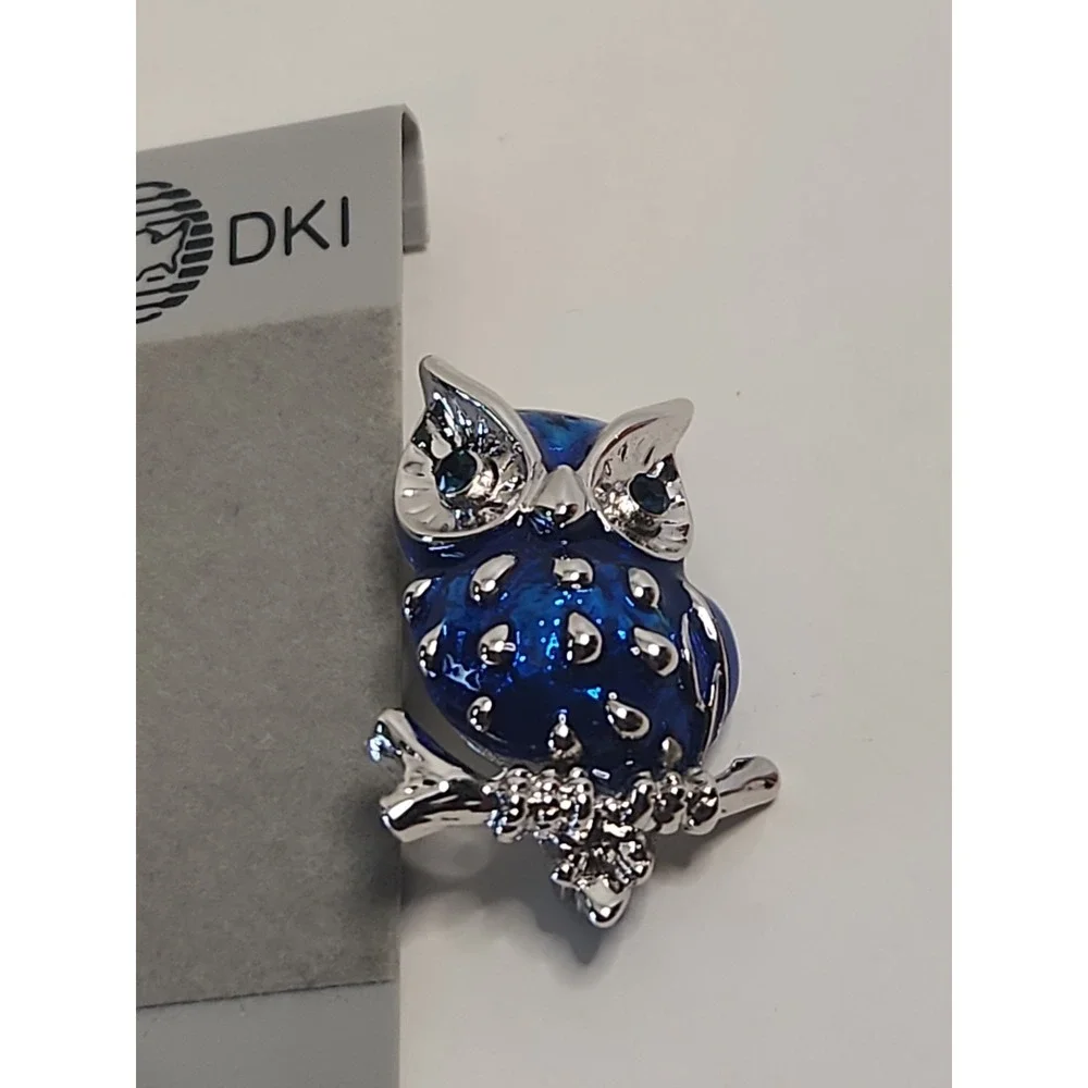 Vintage DKI Designer Pin Blue Enamel Owl Brooch 1980s On Original Card NOS 1.25